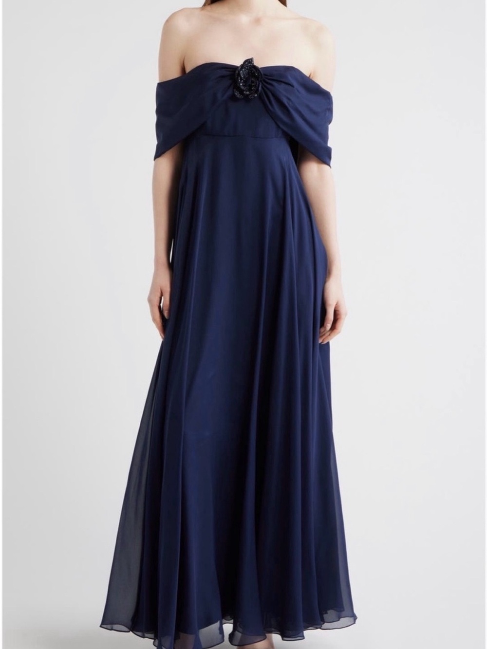 Sachin + Babi Rebecca Rosette Silk Off The Shoulder Gown